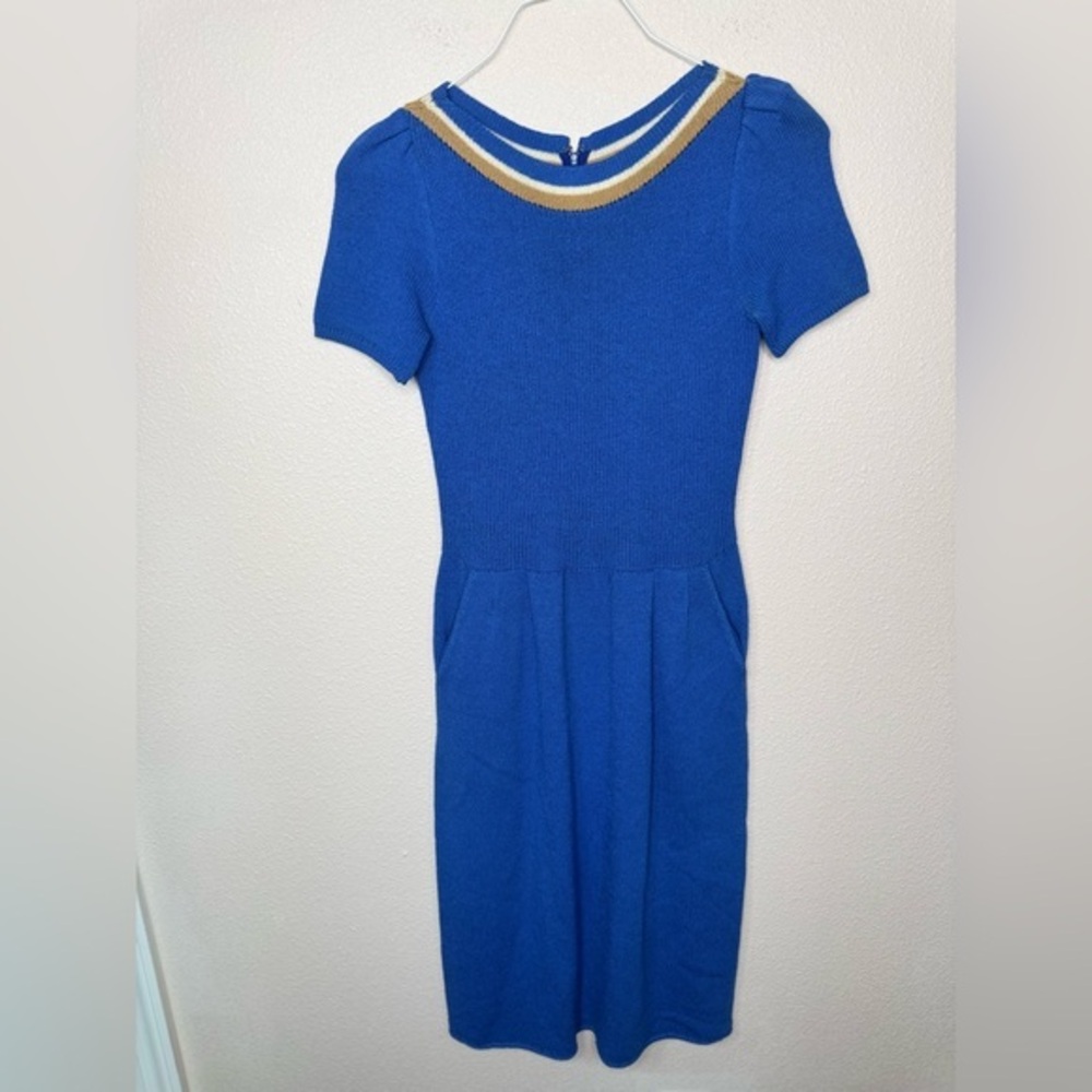 Vintage St John Neiman Marcus Midi Dress Blue Knit Fitted Back Zip Sz S/M